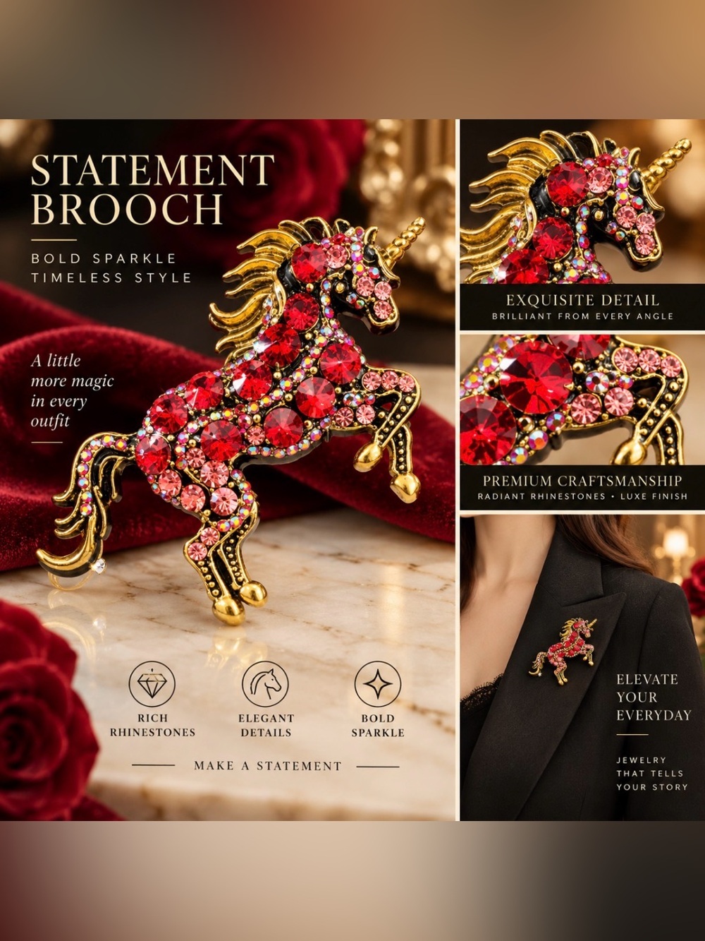 Statement Unicorn Brooch - Red Rhinestone Accent